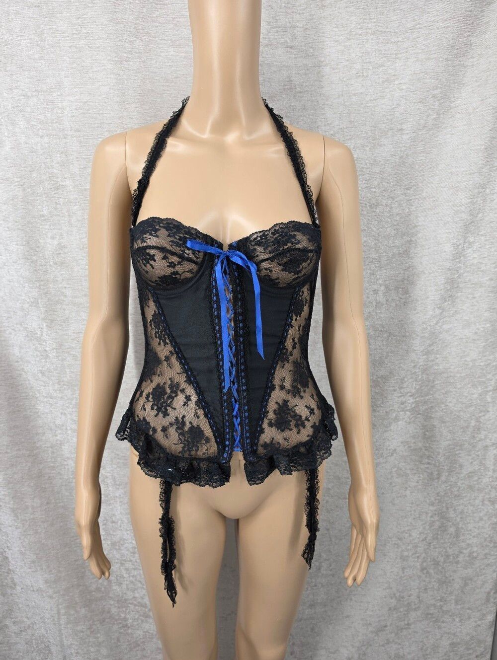 Jezebel Vintage Black Lace Corset Bustier with Blue Lace Up Ribbon Garters 32A